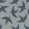 Seamless pattern with cartoon swallow, twigs. colorful vector for kids. hand drawing, flat style.